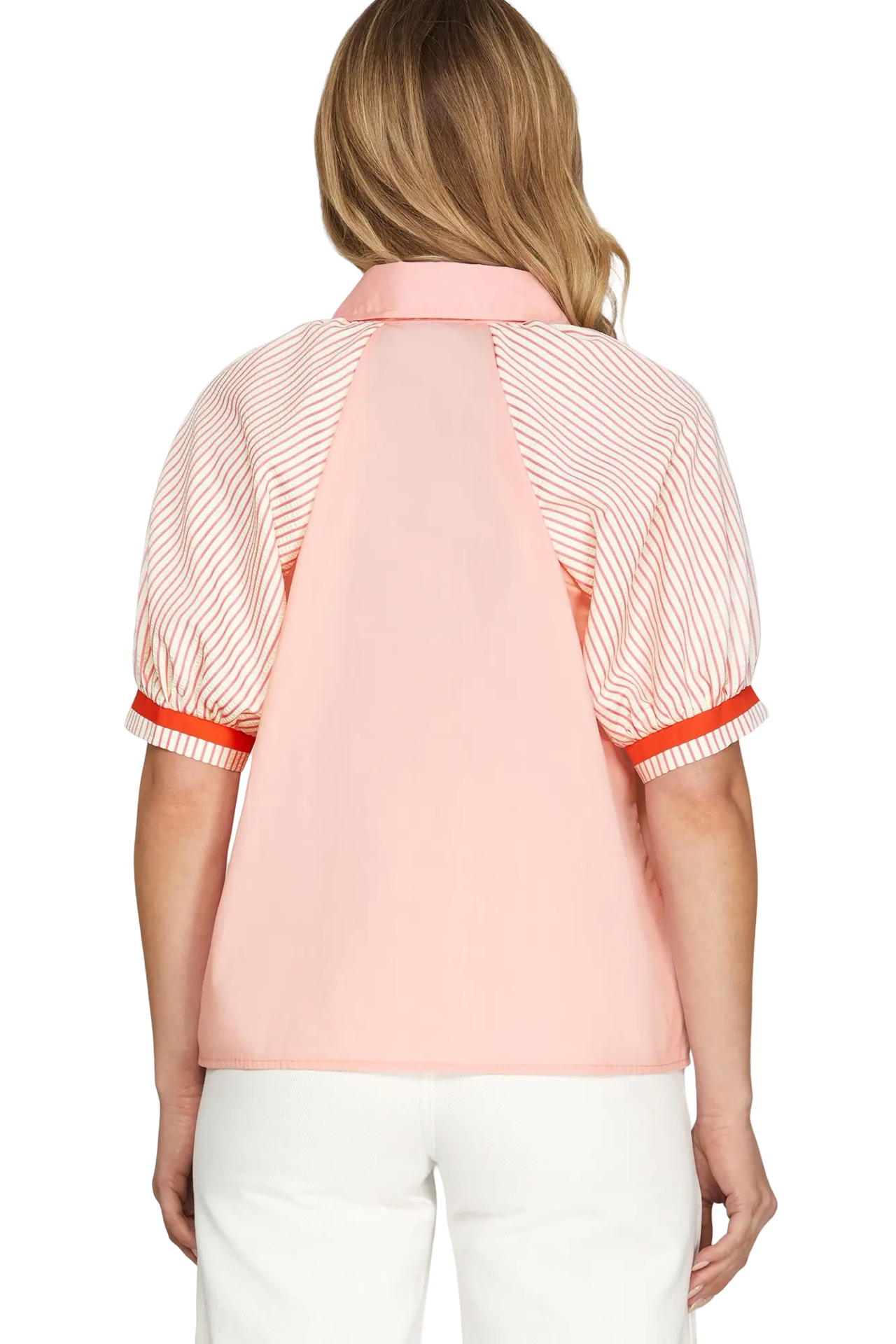 She+Sky Short Sleeve Button Down Color Block BlouseTop