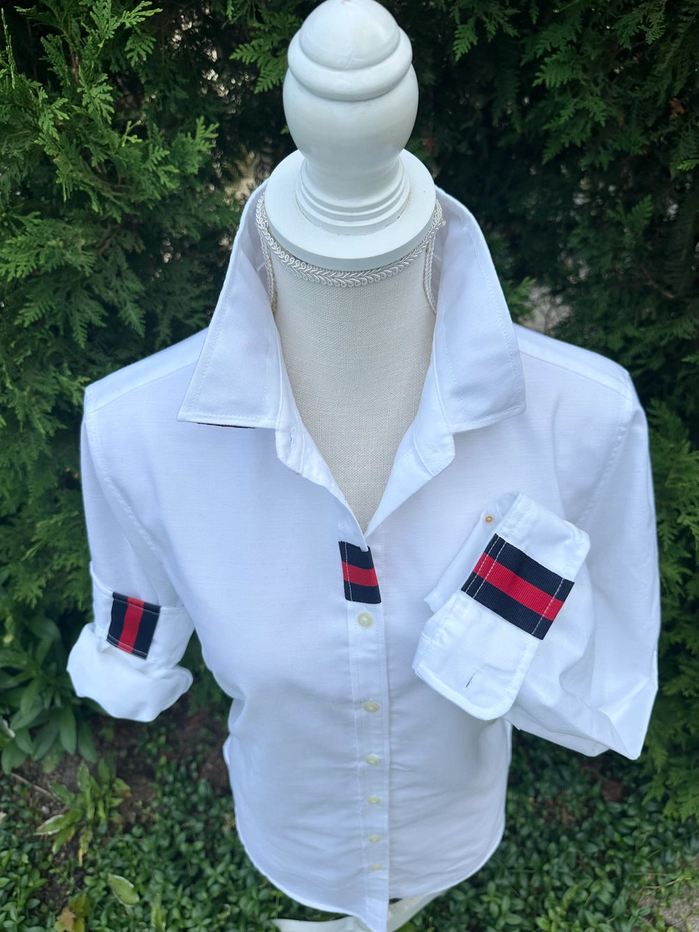 Apparel- Pearly Vines Casie 2-  White Oxford with Navy and Red Stripe Ribbon
