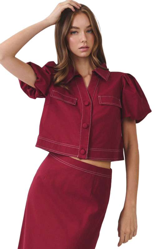 TCEC Floral Contrast Stitch Puffed Sleeve Cropped Top