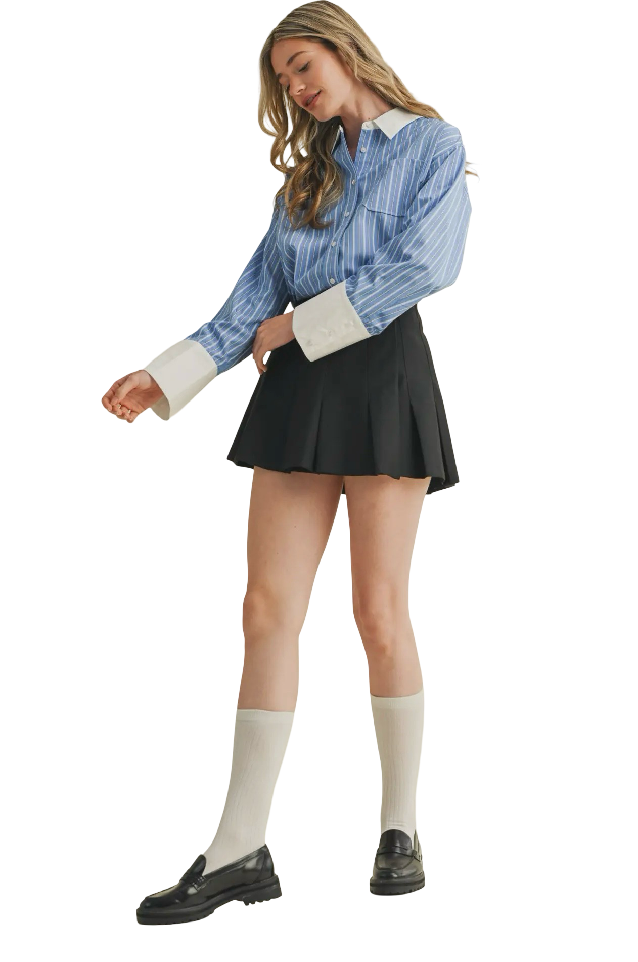 Apparel- En Merci Striped Wide Cuff Button Down Top