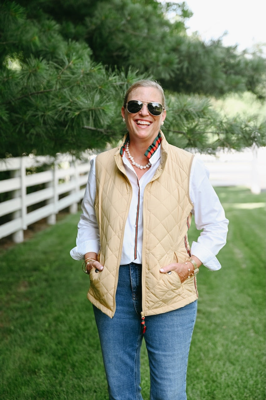 Apparel- Pearly Vine Maggie May- Khaki Quilted Puffer Vest w Hunter Green & Red Stripe Ribbon Trim