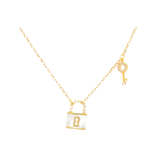 Necklaces- M&E Bling Mother Of Pearl Lock and Key Necklace
