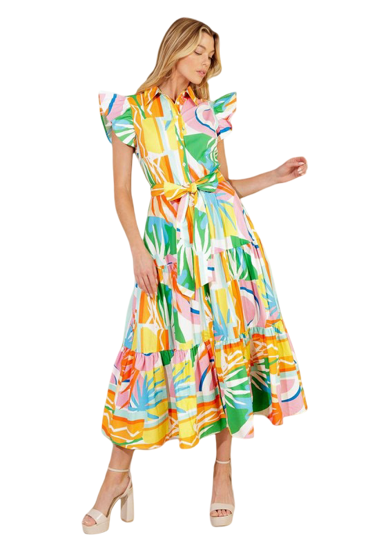 Flying Tomato Printed Ruffle Sleeve Midi Dress