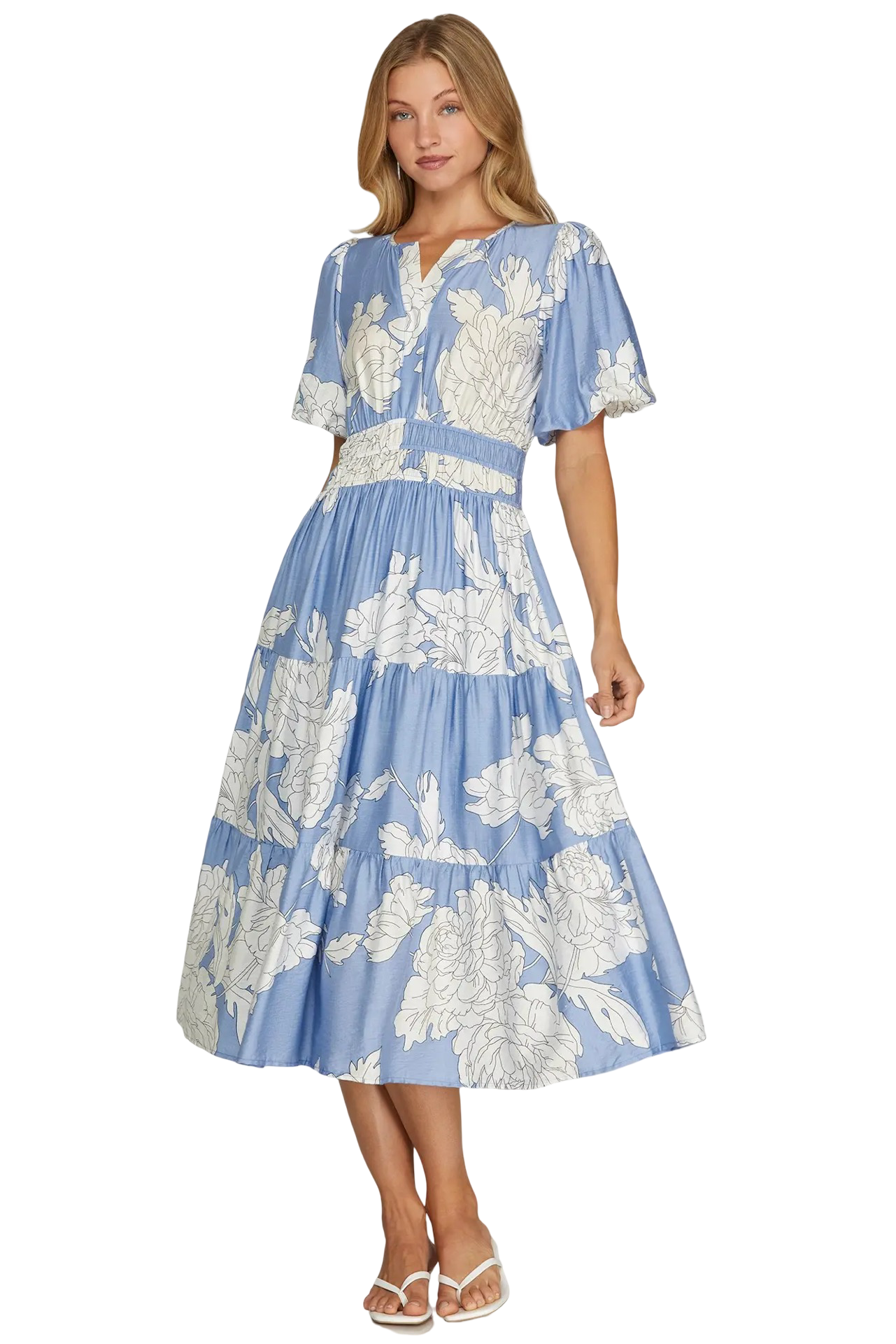 She+Sky Bubble Sleeve Floral Collard Midi Dress