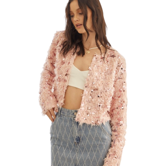 Apparel- Idem Ditto Feathered Sequin Embellished Cardigan Jacket