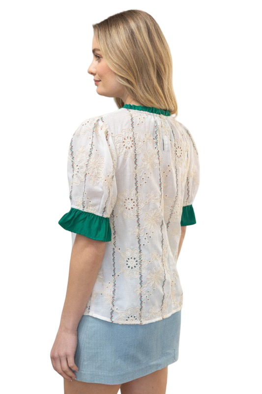 VOY Eyelet Contrast Band and Sleeve Blouse Top