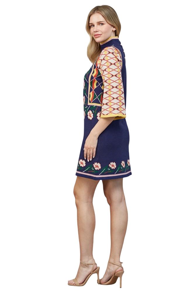 Apparel-Fate Jacquard Motif High Neck Floral Sweater Mini Dress