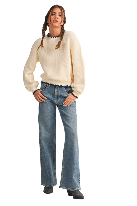 Apparel- En Merci Contrast Stitch Long Sleeve Sweater Top