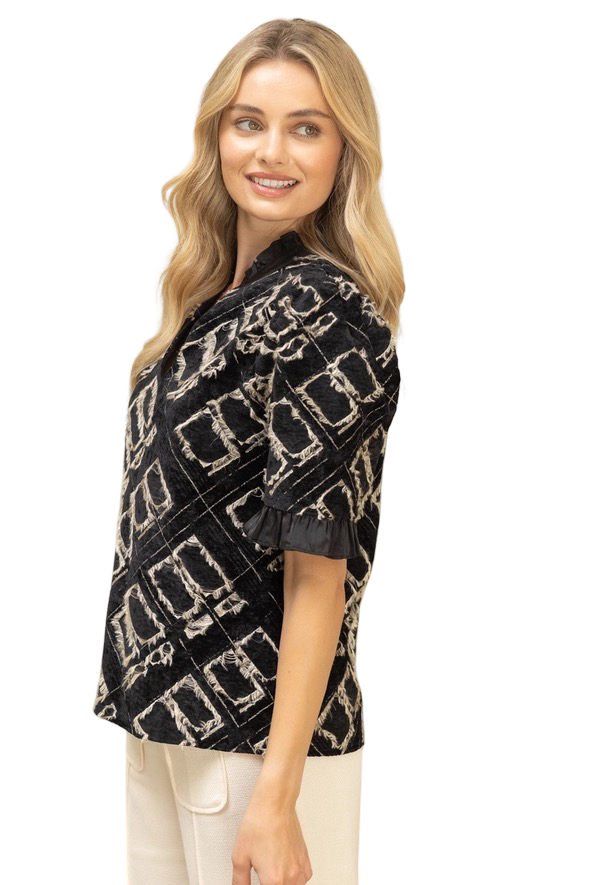 Apparel- VOY Satin Band Velvet Detail Burnout Top