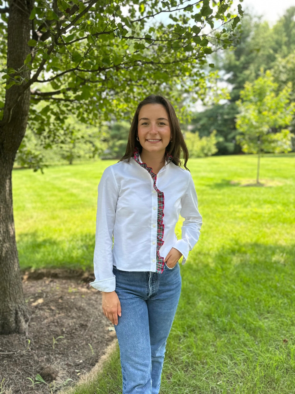 Apparel- Pearly Vines Sophia White Oxford with Red Plaid Ruffle Front Shirt