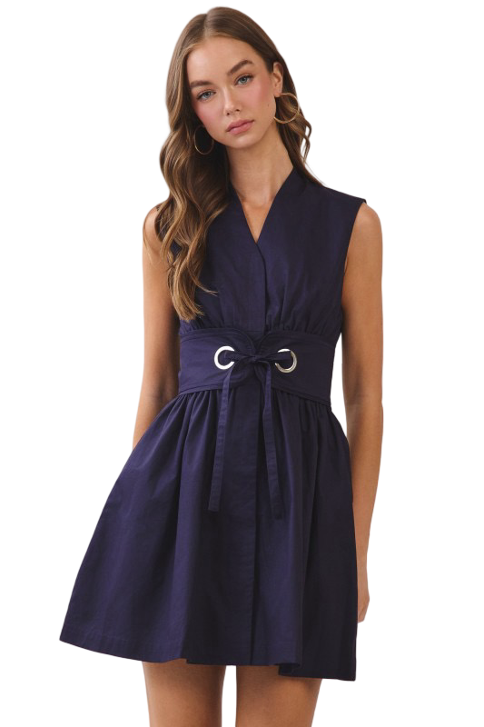 TCEC Sleeveless Fit and Flare Waist Belt Mini Dress