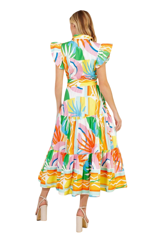 Flying Tomato Printed Ruffle Sleeve Midi Dress
