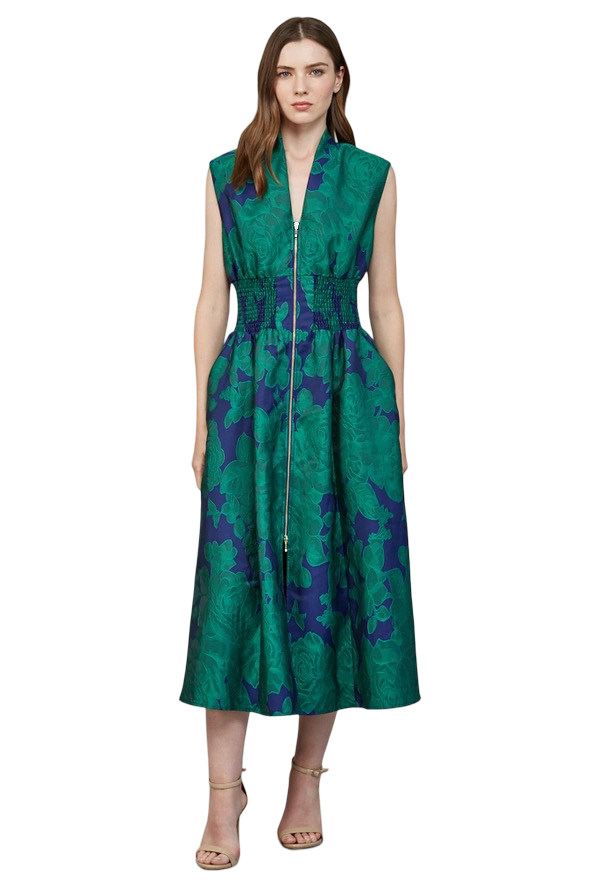 Apparel-Fate Floral Jacquard Front Zip Midi Dress