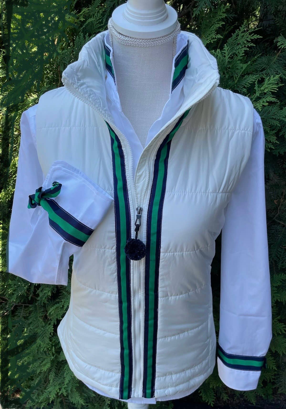Apparel- Pearly Vines Audrey Ribbon FC- White with Navy & Green Stripe Ribbon