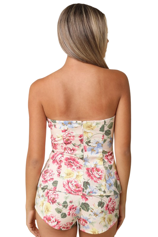 Olivaceous Althea Strapless Floral Peplum Tube Top