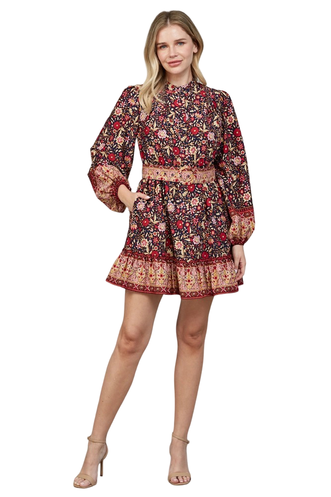 Apparel-Fate Border Print Button Down Belted  Mini Dress