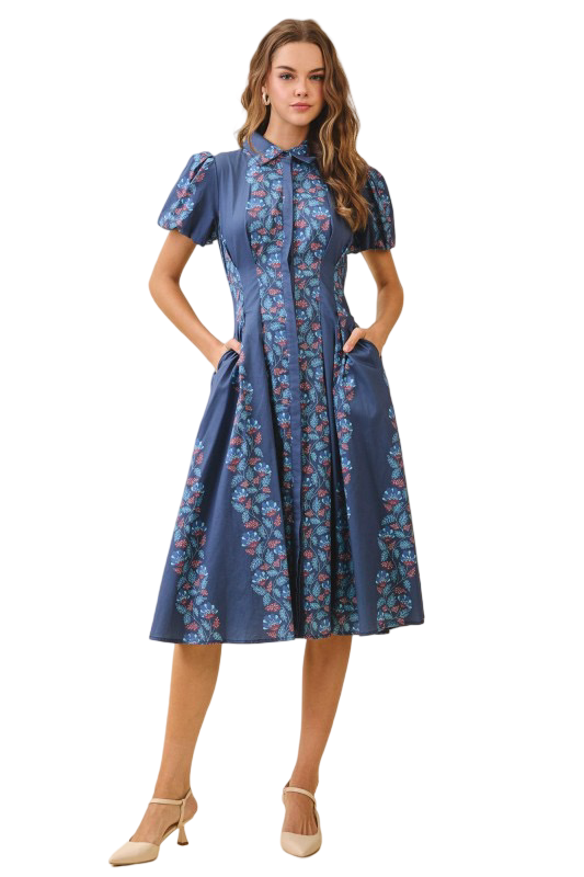 Apparel- TCEC Floral Vertical Print A-Line Midi Dress