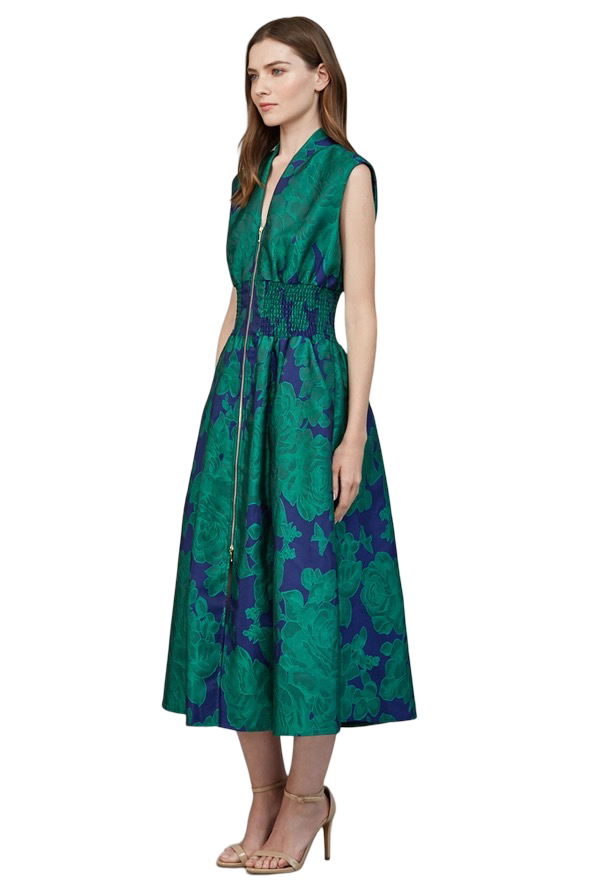 Apparel-Fate Floral Jacquard Front Zip Midi Dress
