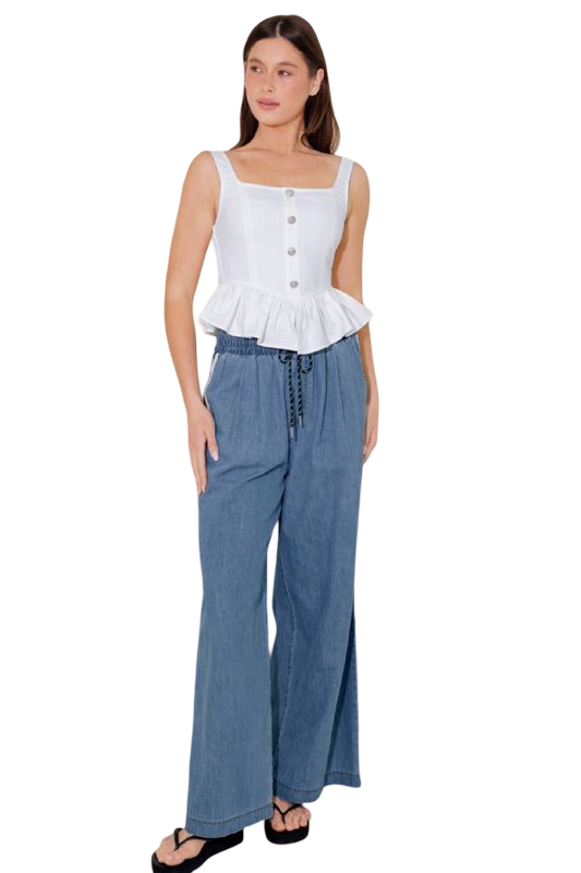 Flying Tomato Button Front Ruffled Woven Top