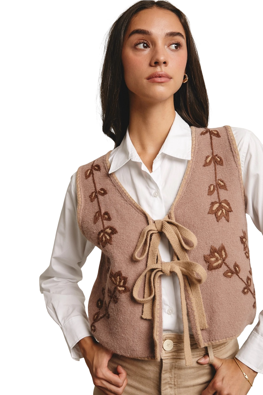 Apparel- Forte Embroidered Tie Front Sweater Vest