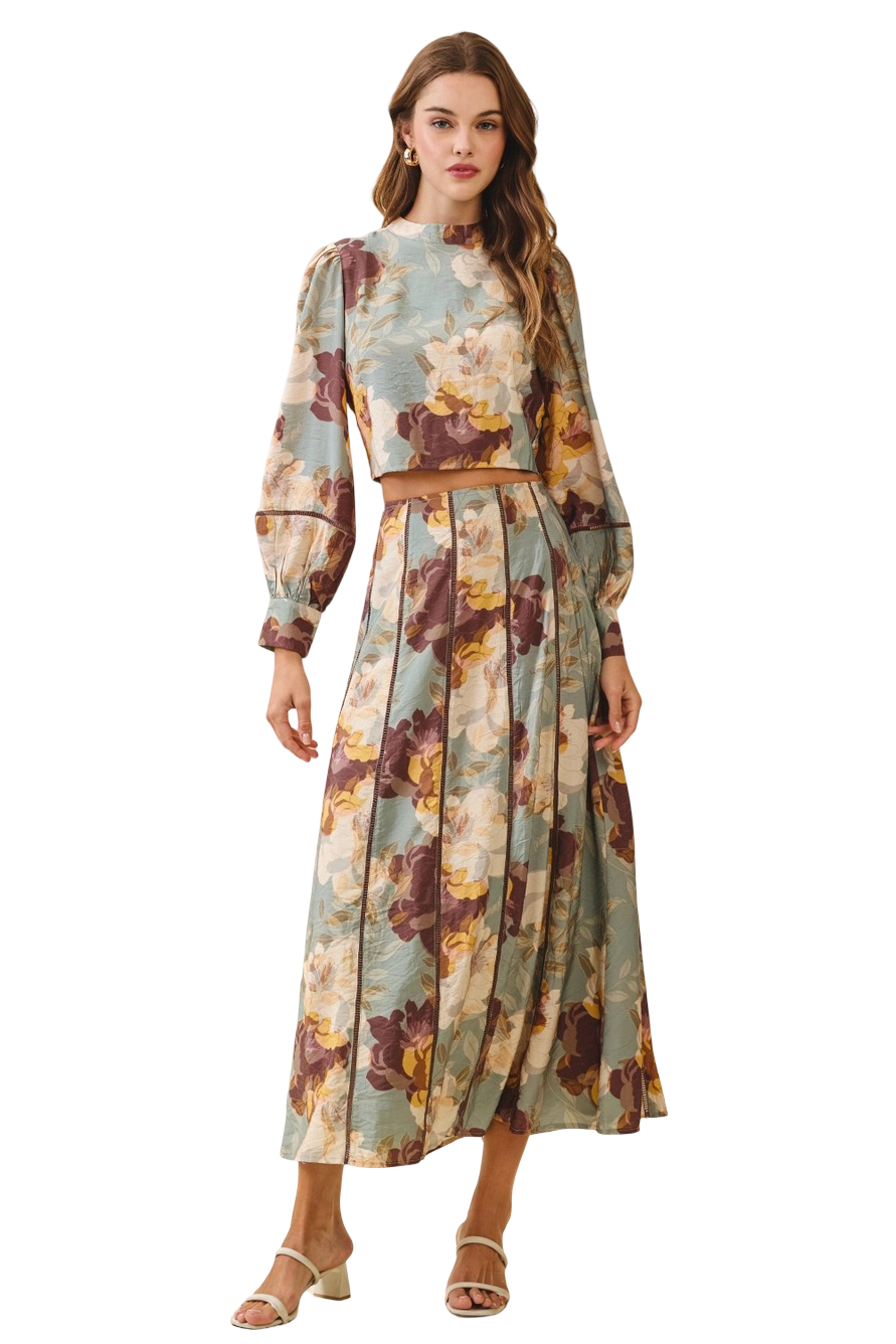 Apparel- TCEC Floral Contrast Stitch Detail Midi Skirt