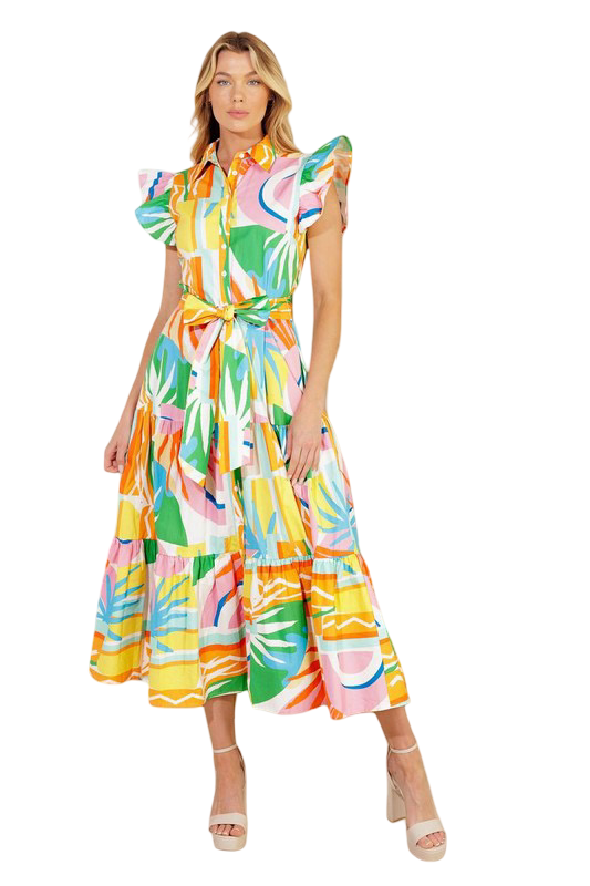 Flying Tomato Printed Ruffle Sleeve Midi Dress