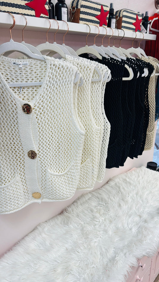 Apparel-Mermaid Short Sleeve Sweater Vest with Large Gold Button Detail