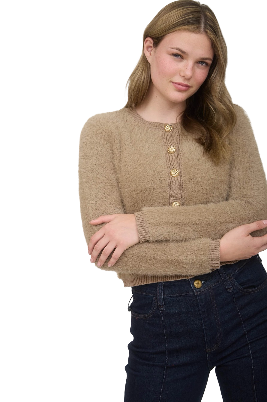 Apparel- The Workshop Gold Button Fuzzy Knit Cardigan Top