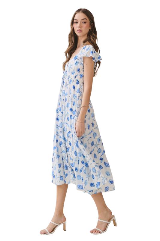 TCEC Shell Print V Neck Flutter Sleeve Midi Dress