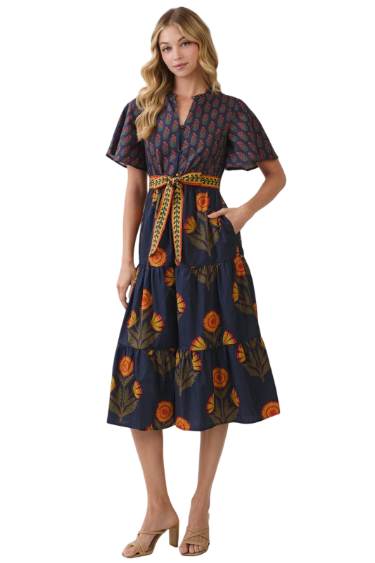 TCEC Floral Print Waist Tie Midi Dress