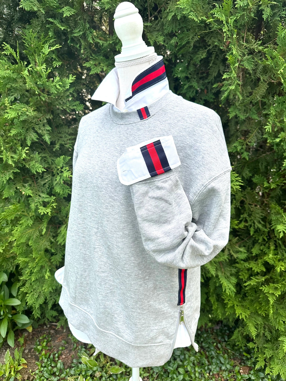 Apparel- Pearly Vines Casie 2-  White Oxford with Navy and Red Stripe Ribbon