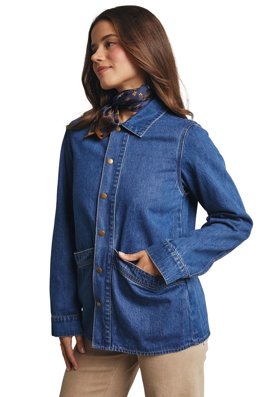 Apparel- Forte Utility Snap Washed Denim Jacket Top