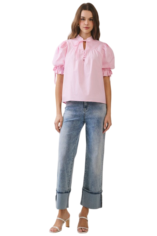 TCEC Stand Collar Tie Front Blouse Top