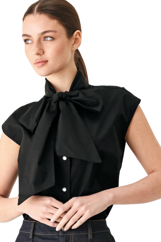 Flying Tomato Button Front Bow Tie Black Blouse Top
