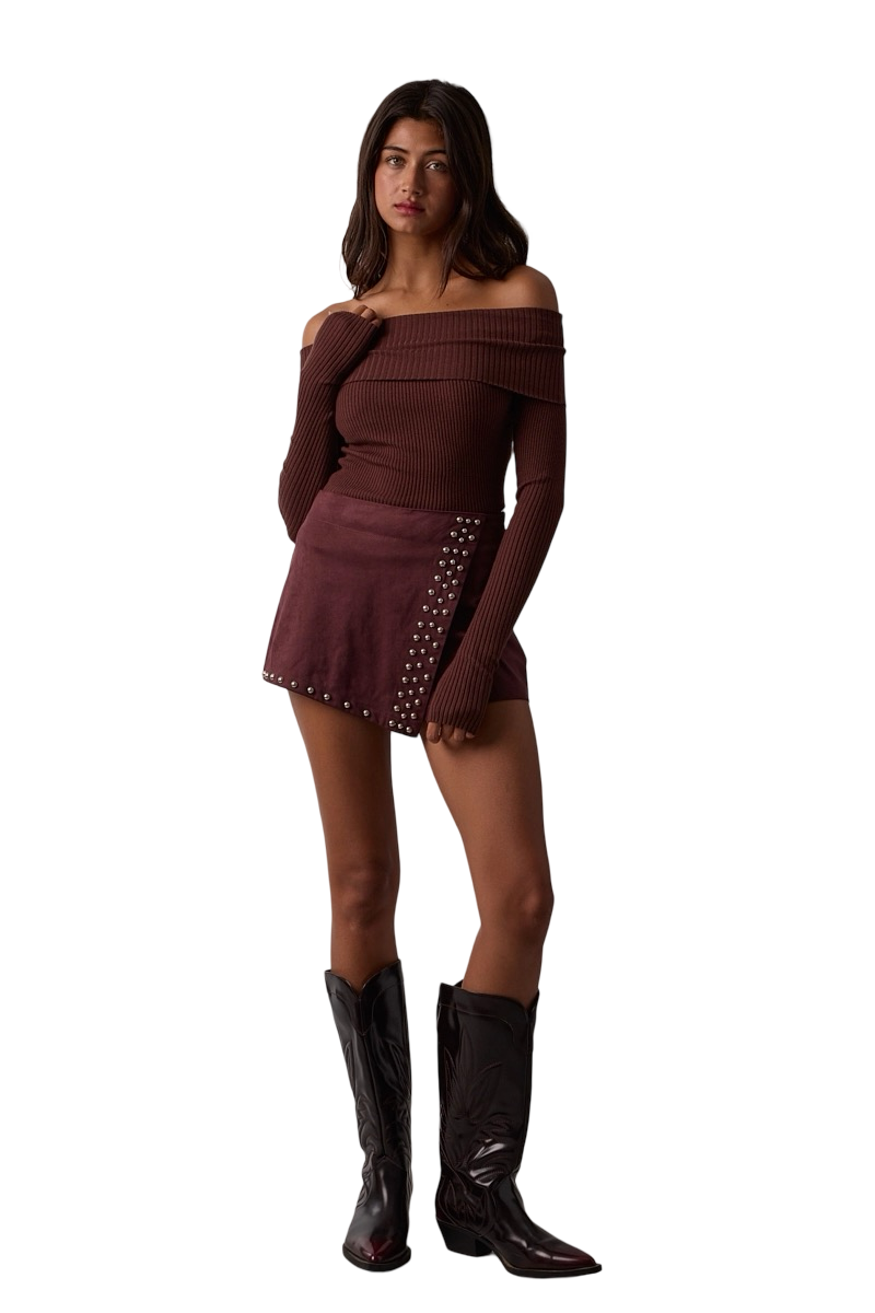 Apparel- Sky to Moon Suede Asymmetrical Studded Mini Skort