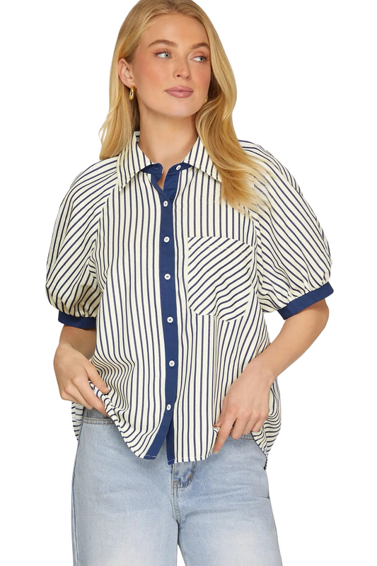 She+Sky Short Sleeve Striped Button Down Blouse Top