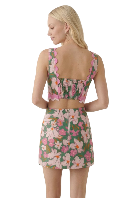 B. Right Floral Linen Top and Mini Skirt Set