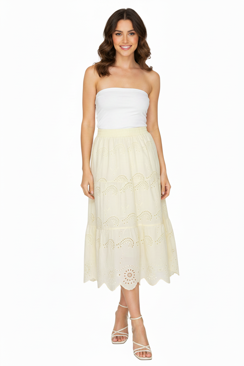 Haute Monde Eyelet Elastic Waist Midi Skirt
