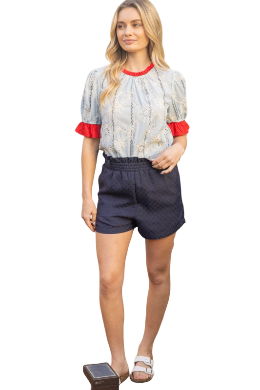 VOY Eyelet Contrast Band and Sleeve Blouse Top