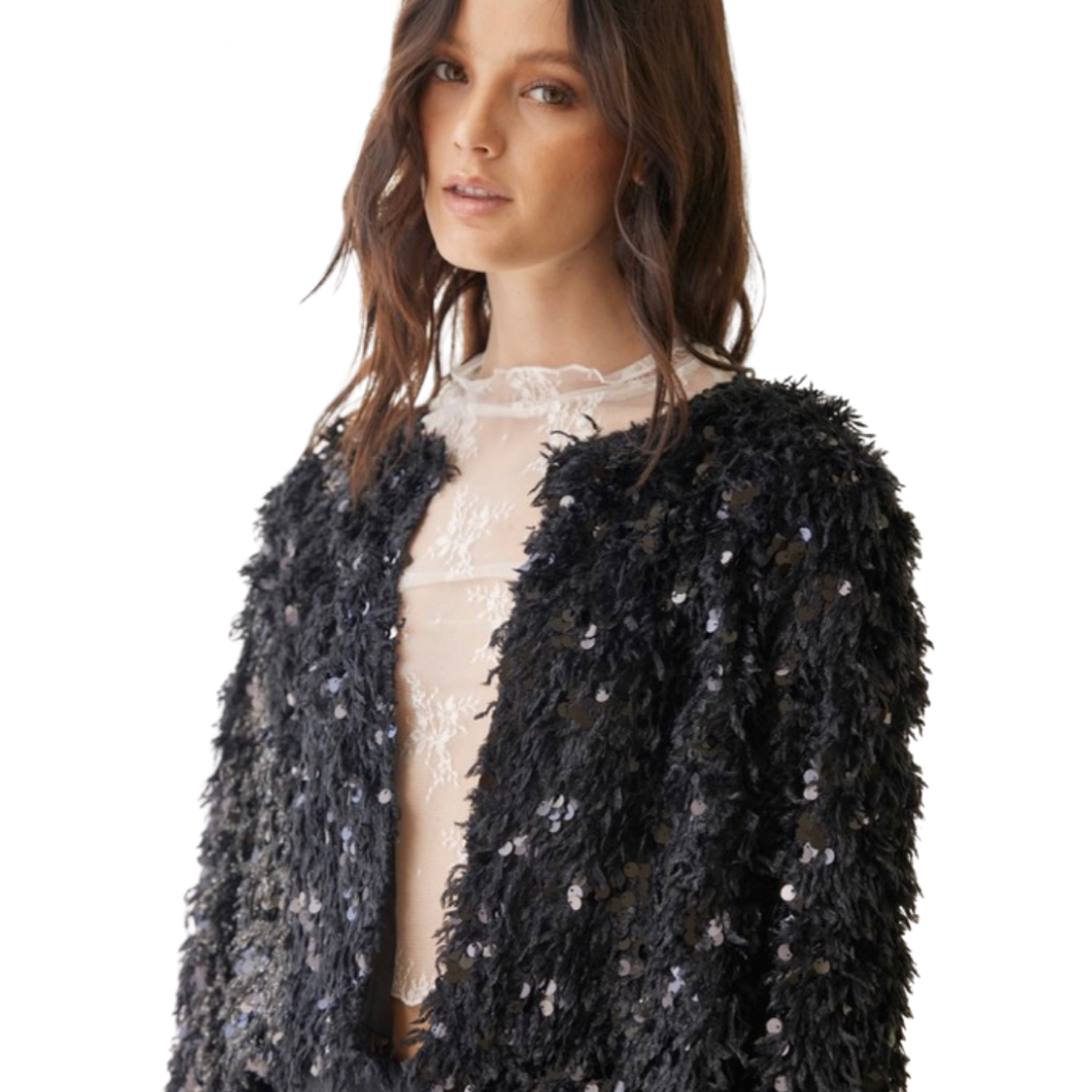 Apparel- Idem Ditto Feathered Sequin Embellished Jacket