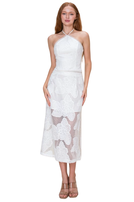 B. Right Lace Overlay  Halter and Top and Midi Skirt Set