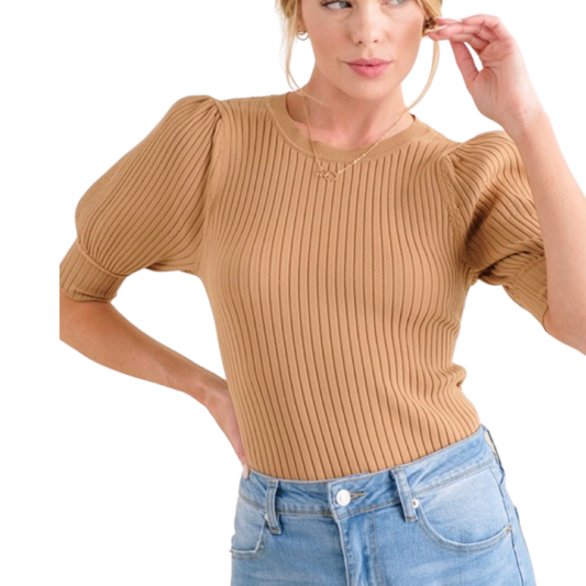 Apparel- And The Why Puff Sleeve Ribbed Basic Bodysuit