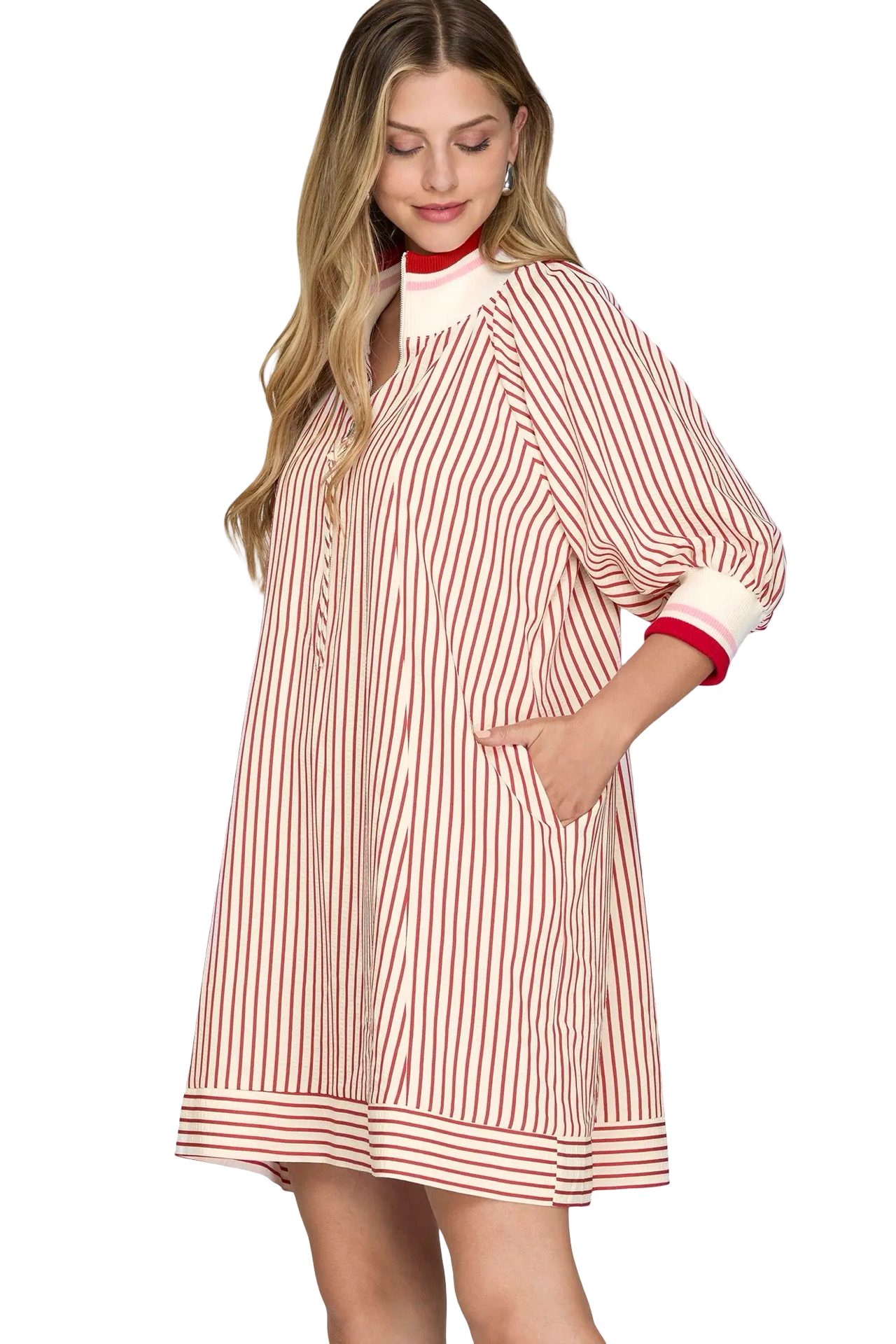 She+Sky  1/2 Sleeve Zip Striped Mini Dress