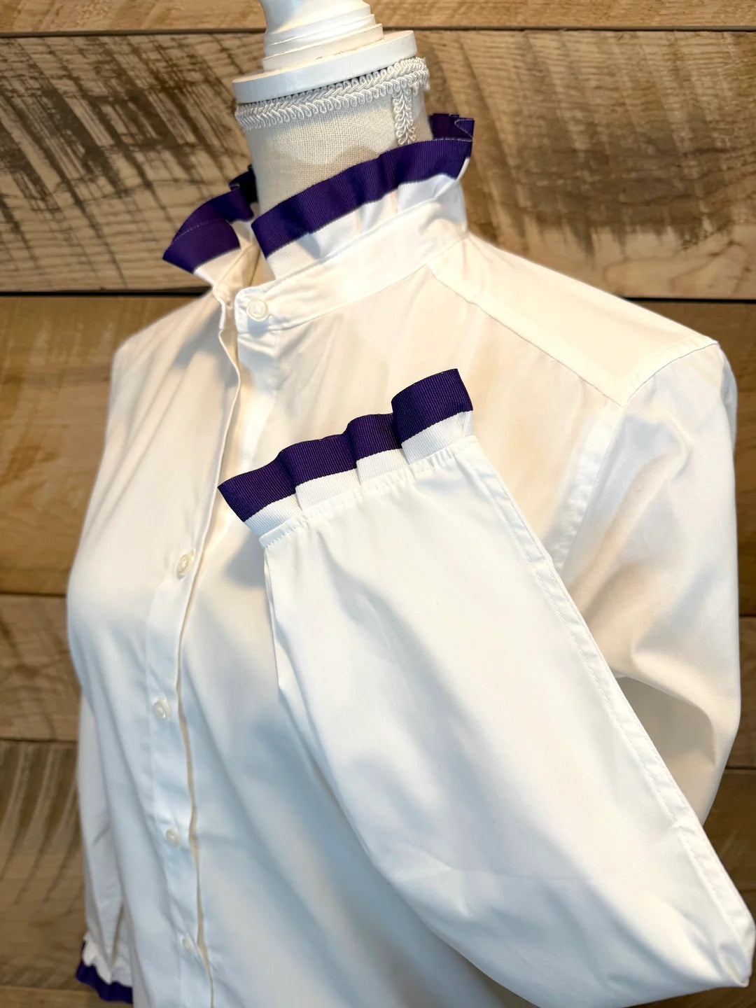 Pearly Vines- Dionne Game Day Ruffled Ribbon Shirt- White with Purple & White Ribbon
