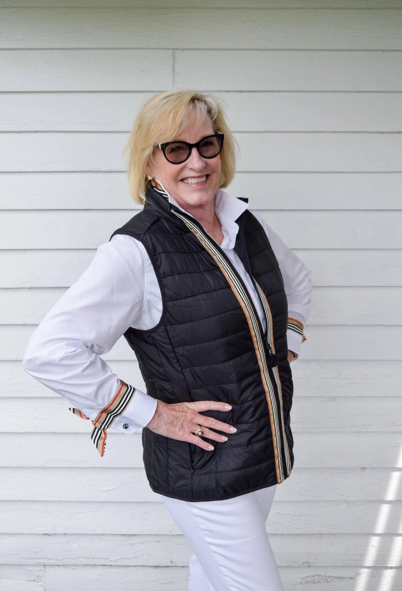 Apparel- Pearly Vines- Audrey White Ribbon French Cuff with Brown/Black/Red & White Stripe Ribbon