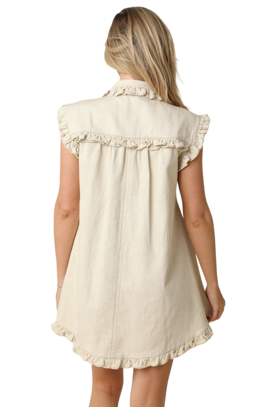 Olivaceous Joanie Button Down Denim Mini Dress with Ruffle Details