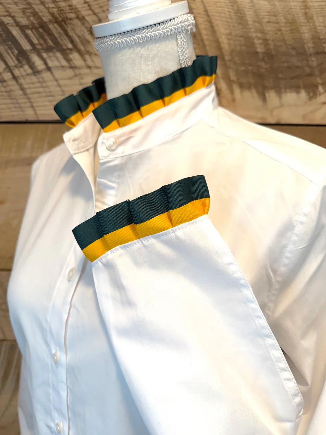 Pearly Vines- Dionne Game Day Ruffled Ribbon Shirt- White with Green & Gold Ribbon