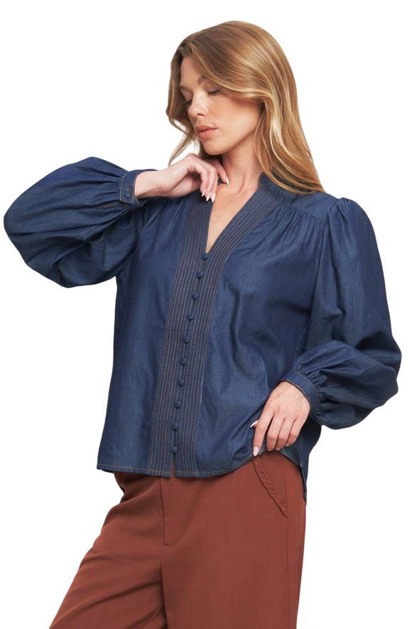 Apparel- Flying Tomato V Neck Detail Denim Top