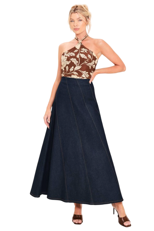 Flying Tomato Denim Angled Stitch Maxi Skirt