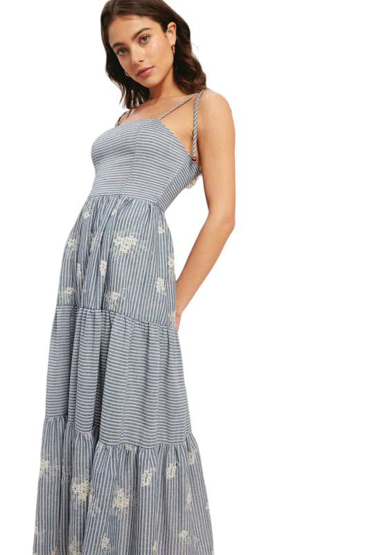 Flying Tomato Embroidered  Striped Tie Strap Maxi Dress
